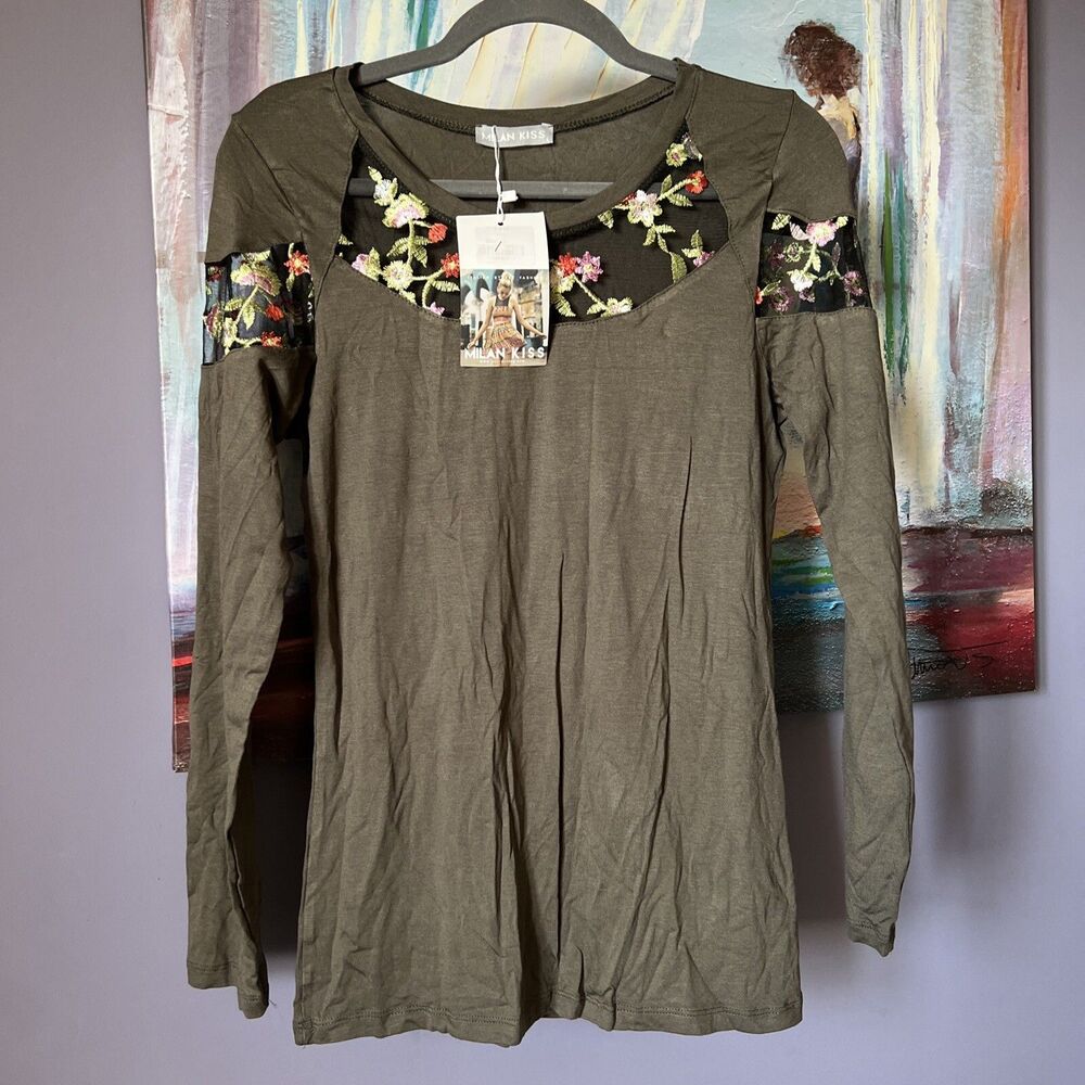 Milan Kiss Size M-L Khaki Black Floral Lace Sleeve Top Womens Polyester NWT